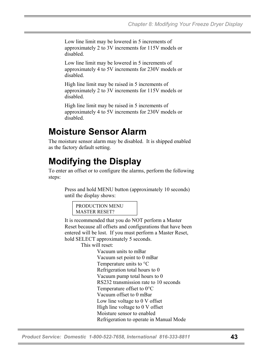 Moisture sensor alarm, Modifying the display | Labconco FreeZone 6 Liter Benchtop Freeze Dry Systems 77520 Series User Manual | Page 47 / 66