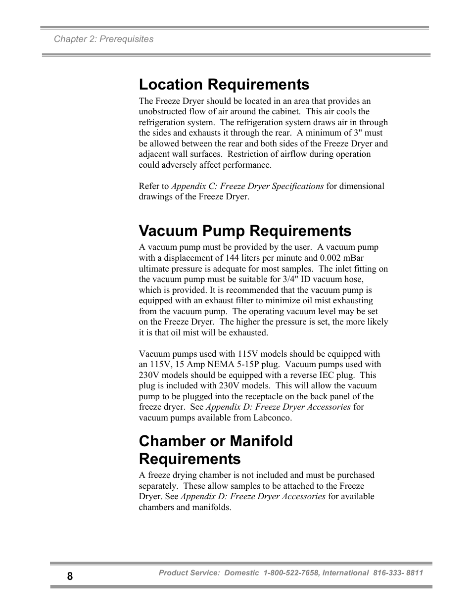 Location requirements, Vacuum pump requirements, Chamber or manifold requirements | Labconco FreeZone and FreeZone Plus 6, 12 and 18 Liter Freeze Dry Systems 79600 Series User Manual | Page 12 / 79