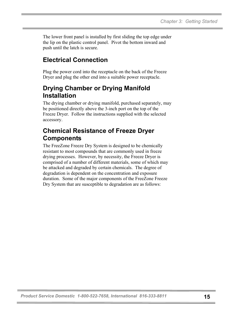 Electrical connection, Drying chamber or drying manifold installation, Chemical resistance of freeze dryer components | Labconco FreeZone and FreeZone Plus 6, 12 and 18 Liter Freeze Dry Systems 79600 Series User Manual | Page 19 / 79