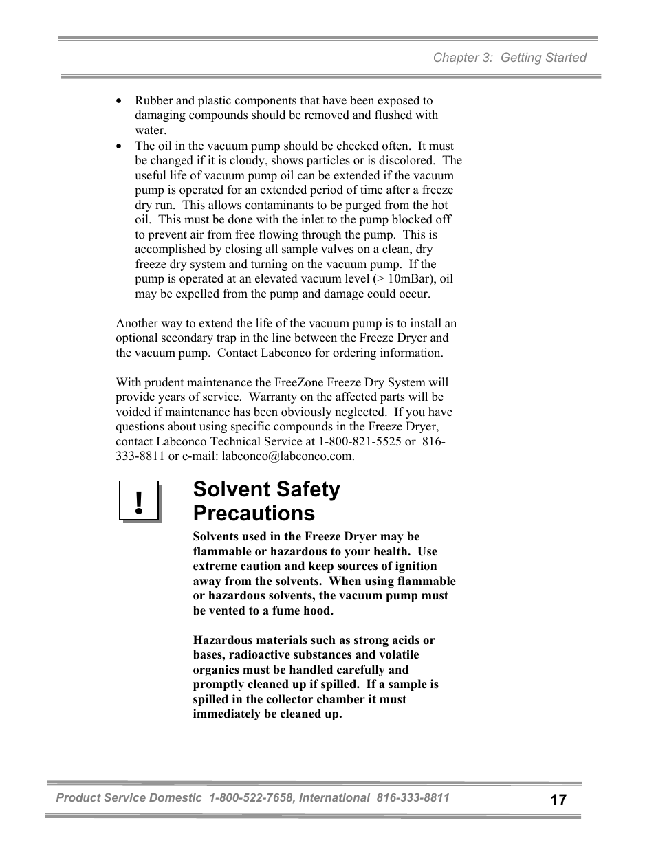 Solvent safety precautions | Labconco FreeZone and FreeZone Plus 6, 12 and 18 Liter Freeze Dry Systems 79600 Series User Manual | Page 21 / 79