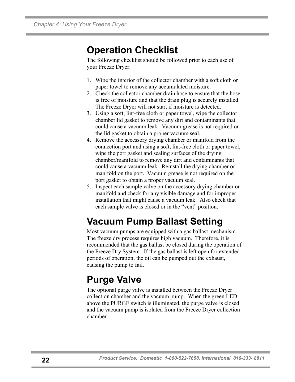 Operation checklist, Vacuum pump ballast setting, Purge valve | Labconco FreeZone and FreeZone Plus 6, 12 and 18 Liter Freeze Dry Systems 79600 Series User Manual | Page 26 / 79