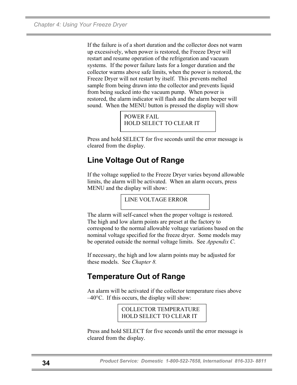 Line voltage out of range, Temperature out of range | Labconco FreeZone and FreeZone Plus 6, 12 and 18 Liter Freeze Dry Systems 79600 Series User Manual | Page 38 / 79