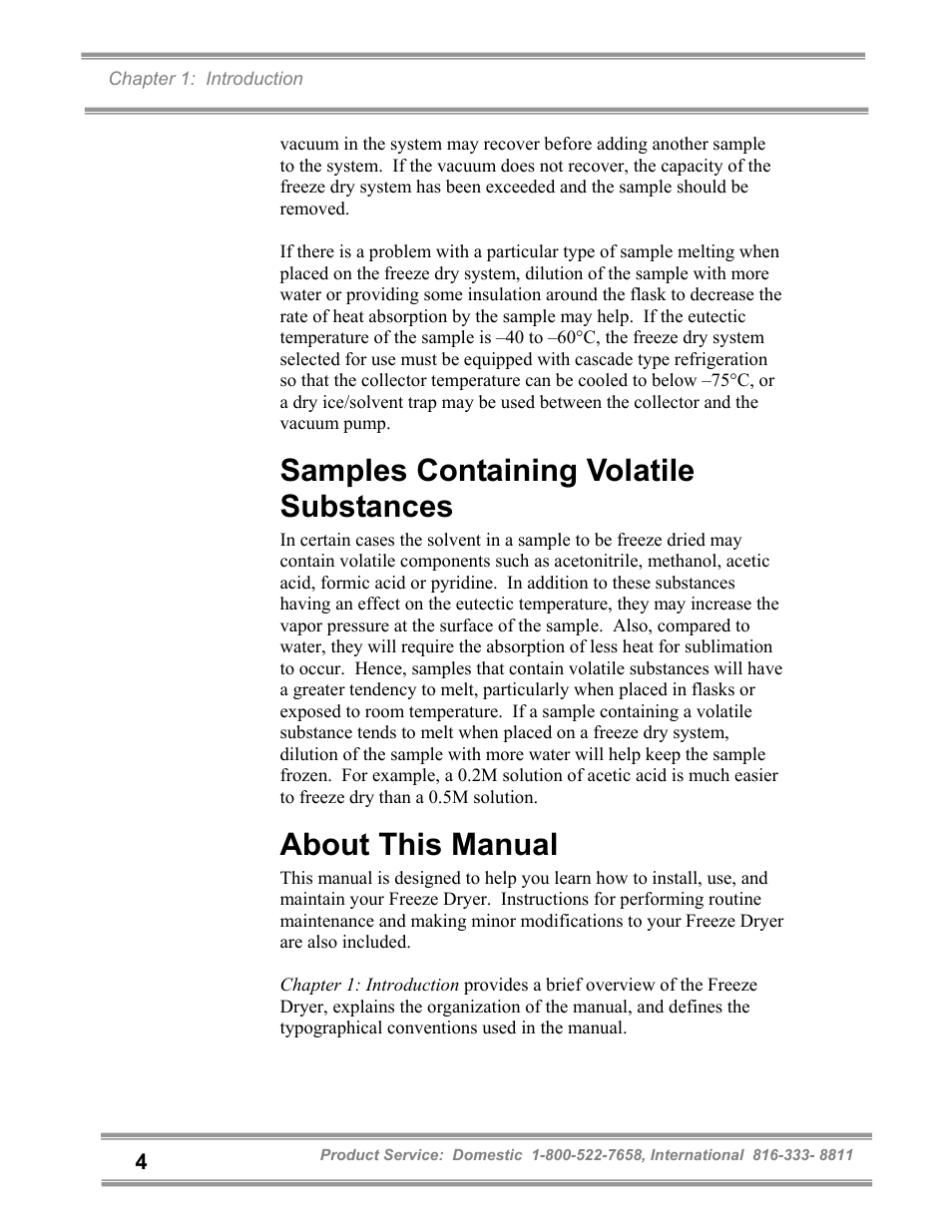Samples containing volatile substances, About this manual | Labconco FreeZone and FreeZone Plus 6, 12 and 18 Liter Freeze Dry Systems 79600 Series User Manual | Page 8 / 79