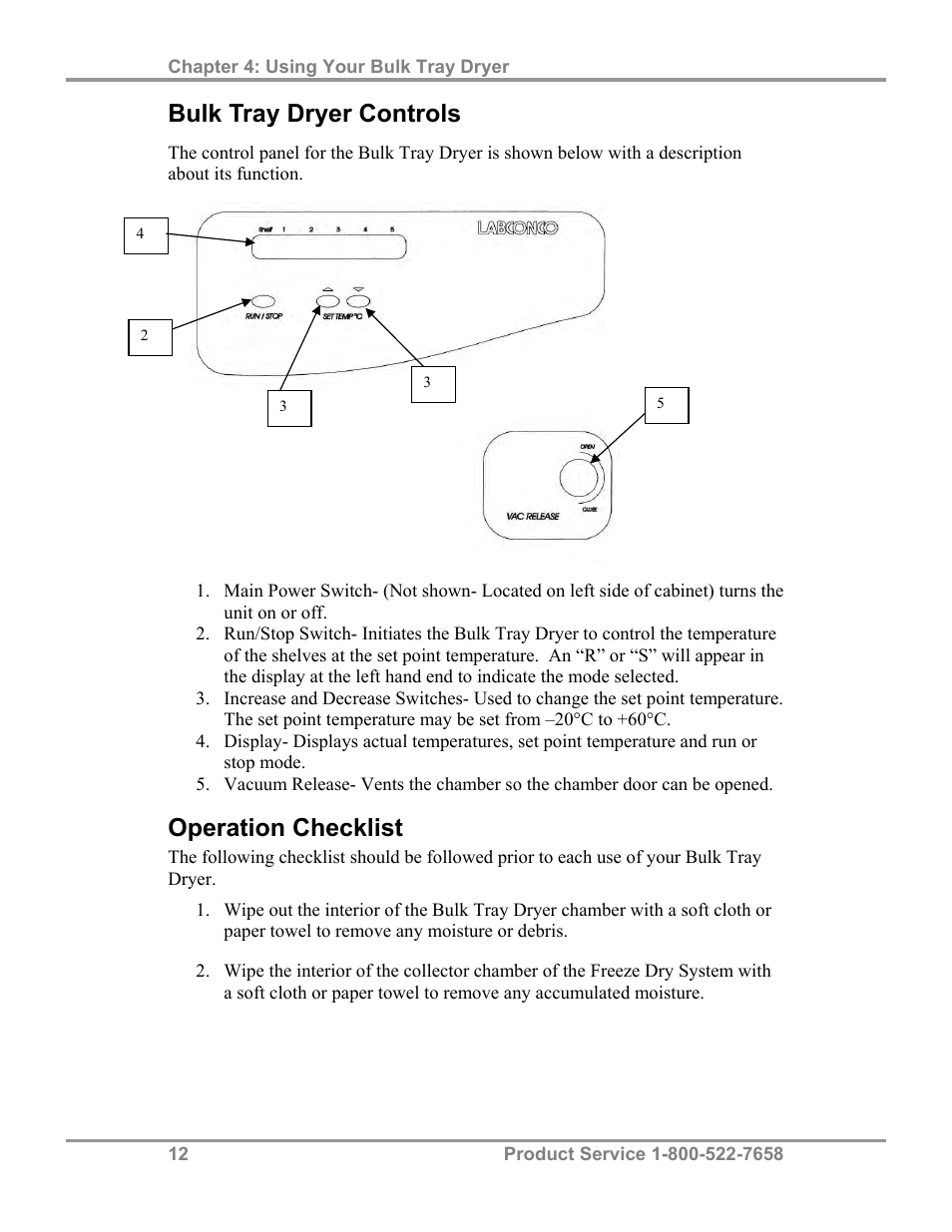 Bulk tray dryer controls, Operation checklist | Labconco FreeZone Bulk Tray Dryer 78060 Series User Manual | Page 16 / 43