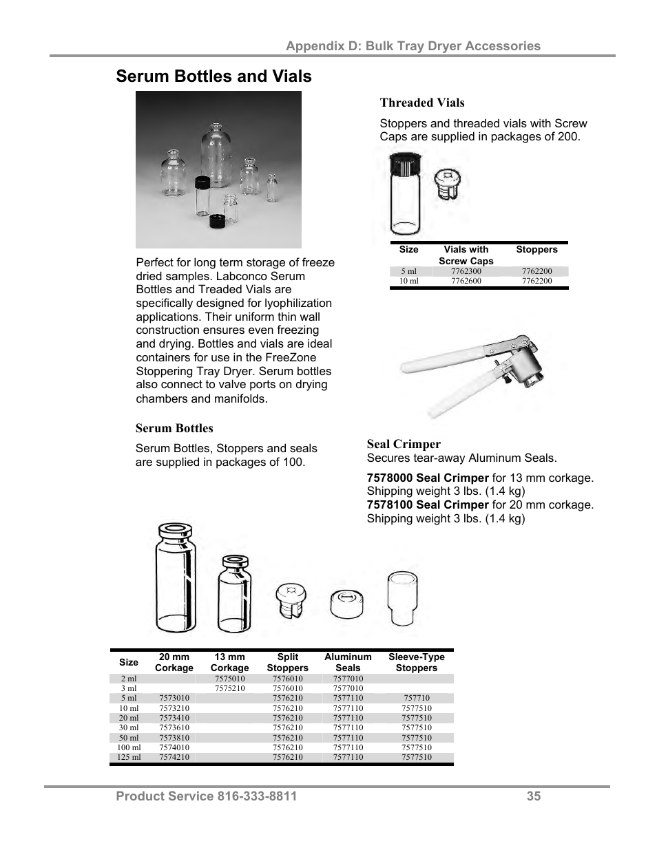 Serum bottles and vials, Threaded vials, Serum bottles | Seal crimper | Labconco FreeZone Bulk Tray Dryer 78060 Series User Manual | Page 39 / 43