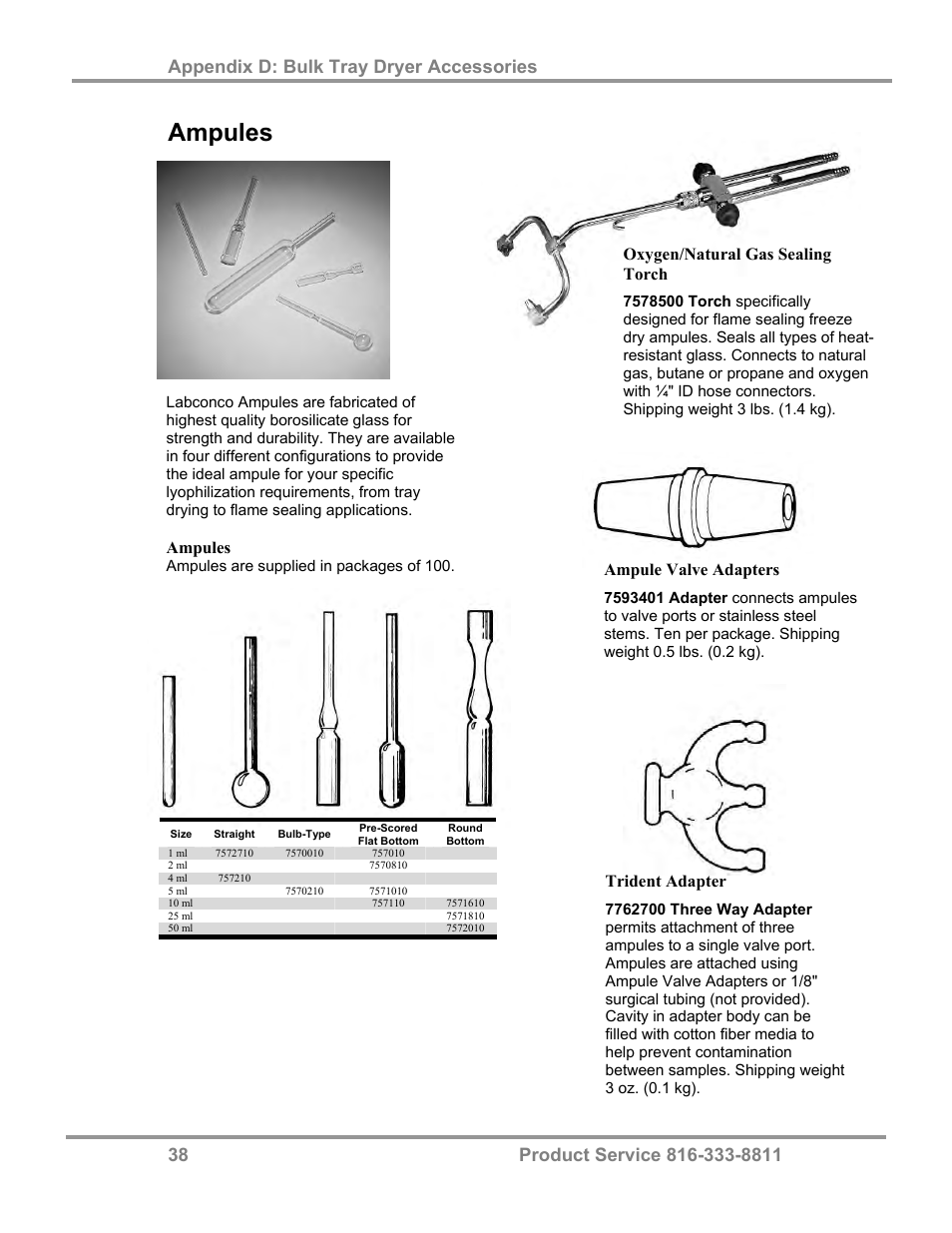 Ampules, Oxygen/natural gas sealing torch, Ampule valve adapters | Trident adapter | Labconco FreeZone Bulk Tray Dryer 78060 Series User Manual | Page 42 / 43