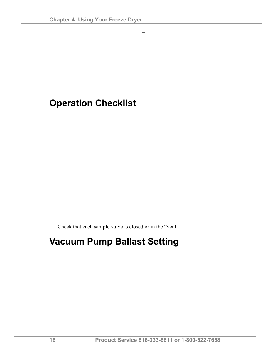 Operation checklist, Vacuum pump ballast setting | Labconco FreeZone Plus 4.5 Liter and FreeZone -105 C Cascade Freeze Dry Systems 73870 Series User Manual | Page 20 / 59