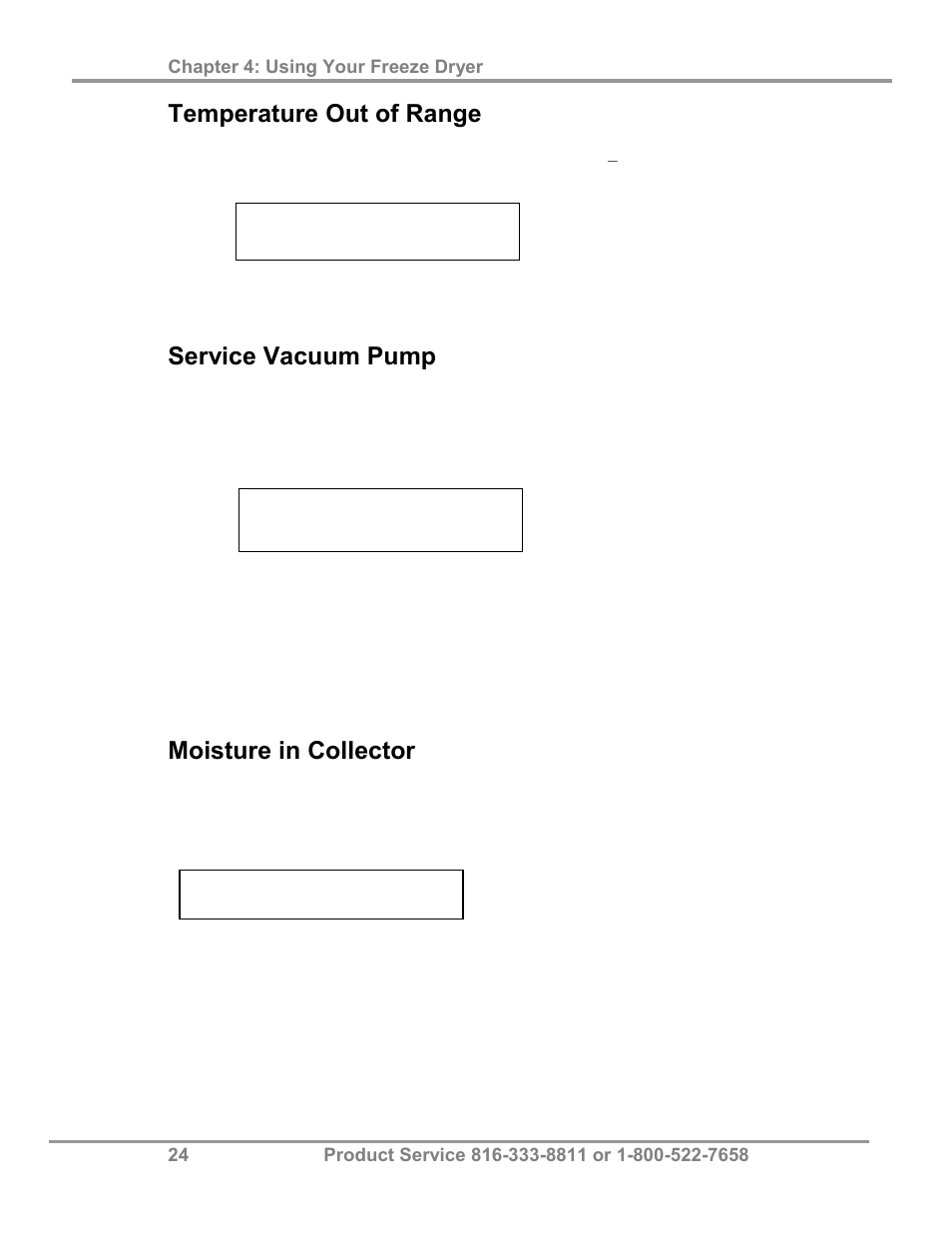 Temperature out of range, Service vacuum pump, Moisture in collector | Labconco FreeZone Plus 4.5 Liter and FreeZone -105 C Cascade Freeze Dry Systems 73870 Series User Manual | Page 28 / 59