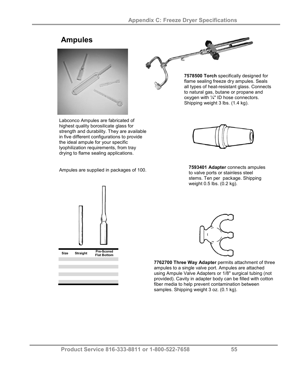 Ampules, Oxygen/natural gas sealing torch, Ampule valve adapters | Trident adapter | Labconco FreeZone Plus 4.5 Liter and FreeZone -105 C Cascade Freeze Dry Systems 73870 Series User Manual | Page 59 / 59