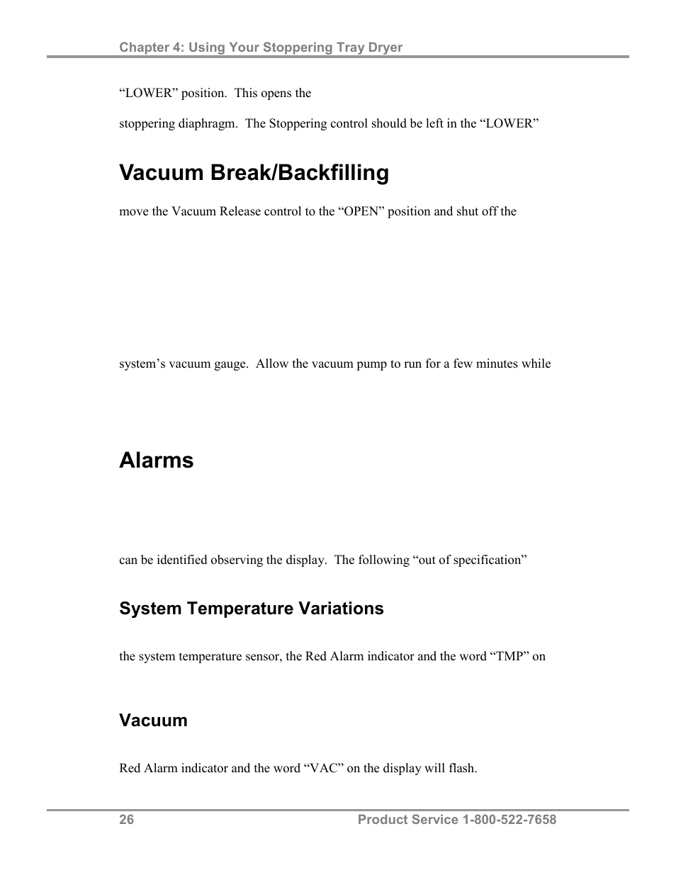 Vacuum break/backfilling, Alarms | Labconco FreeZone Stoppering Tray Dryers 79480 Series User Manual | Page 30 / 58