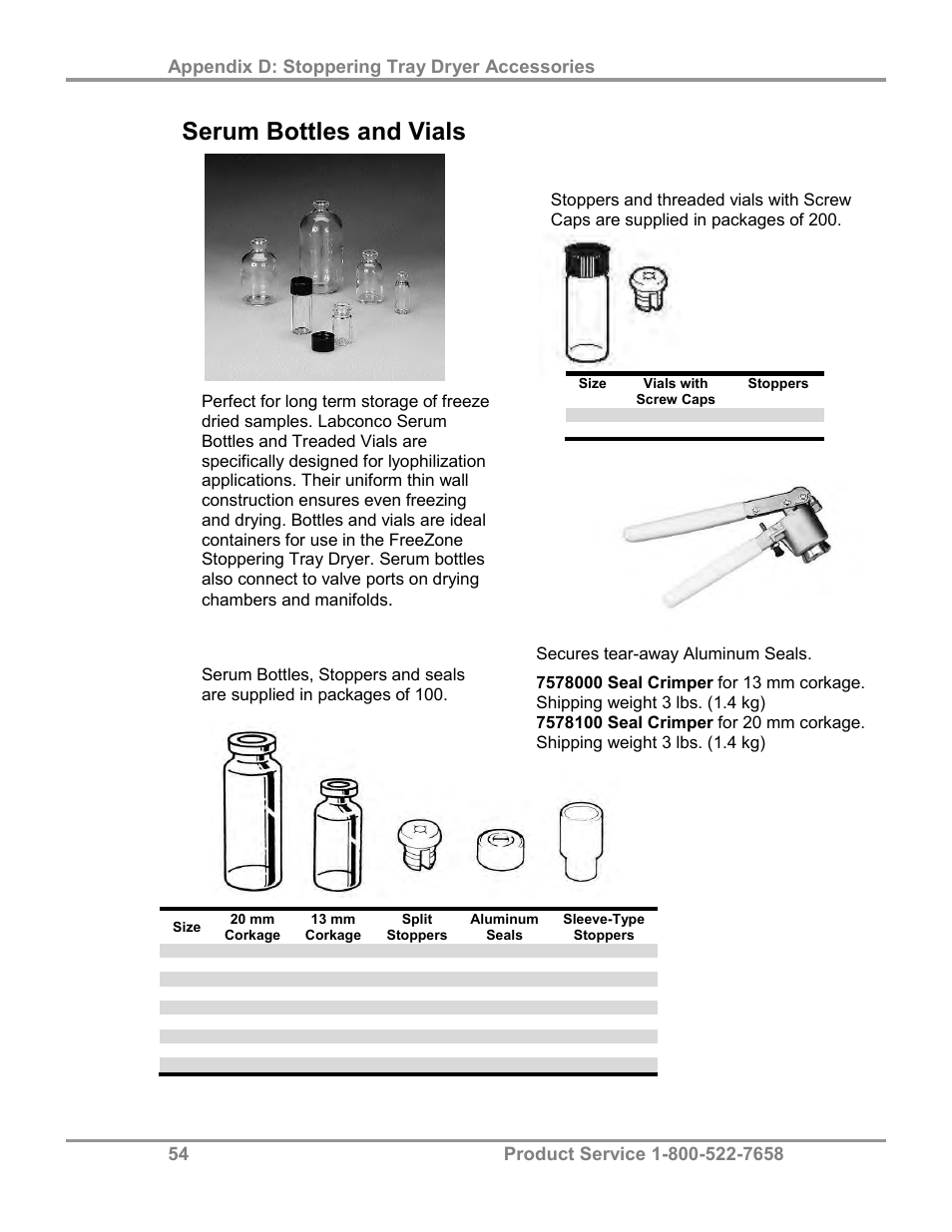 Serum bottles and vials, Threaded vials, Serum bottles | Seal crimper | Labconco FreeZone Stoppering Tray Dryers 79480 Series User Manual | Page 58 / 58