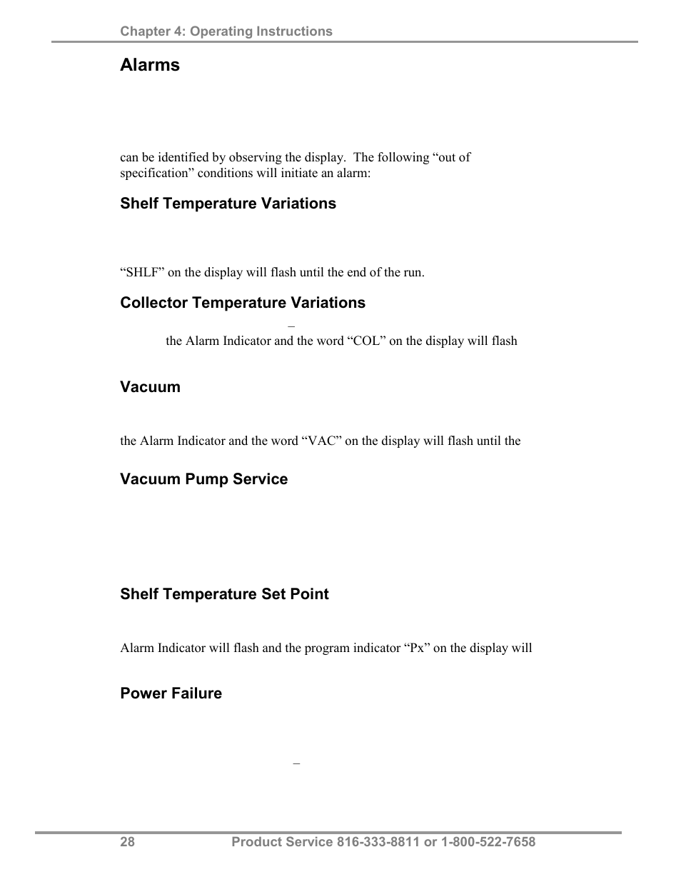 Alarms | Labconco FreeZone Triad Freeze Dry System 74000 Series User Manual | Page 32 / 58