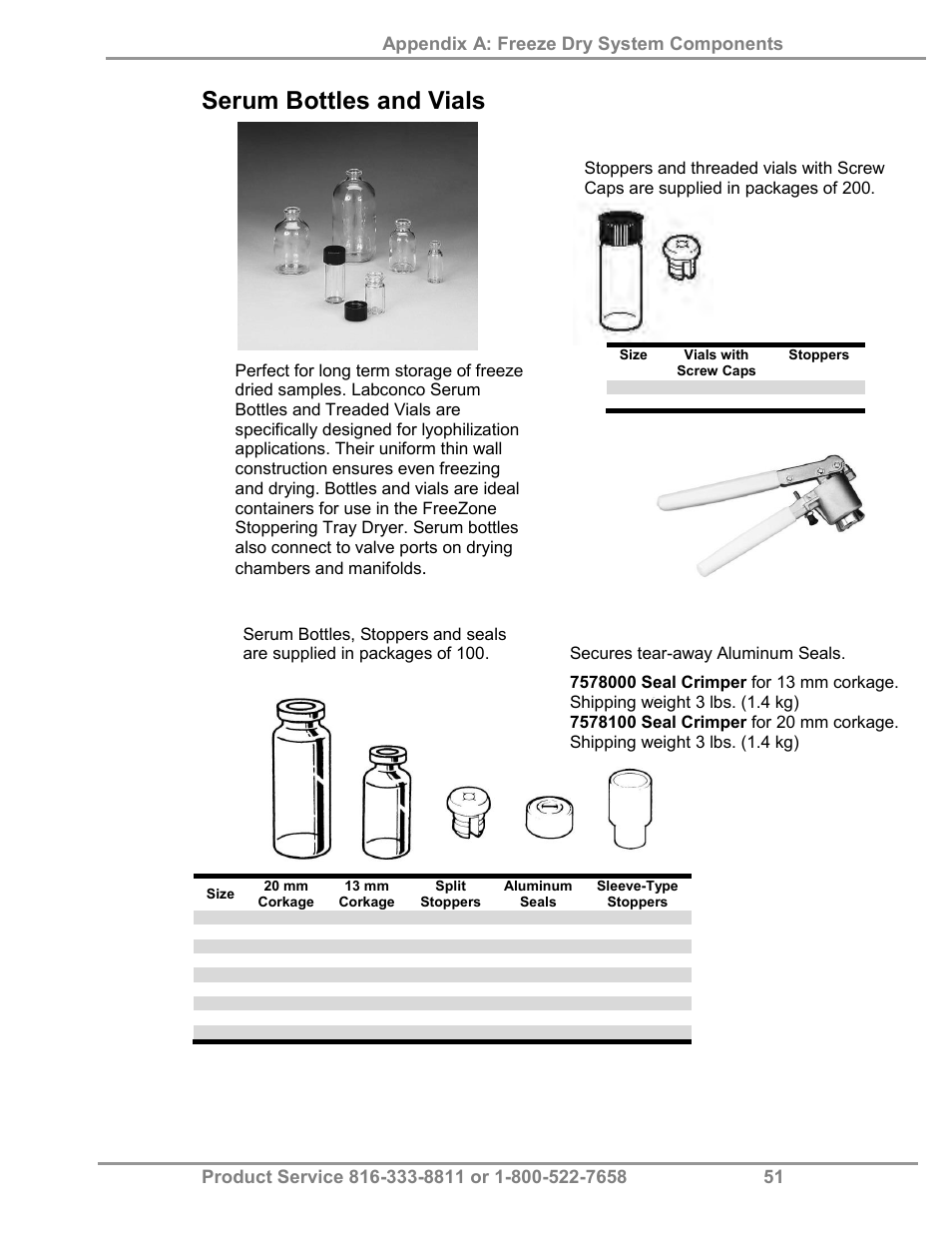 Serum bottles and vials, Threaded vials, Serum bottles | Seal crimper | Labconco FreeZone Triad Freeze Dry System 74000 Series User Manual | Page 55 / 58