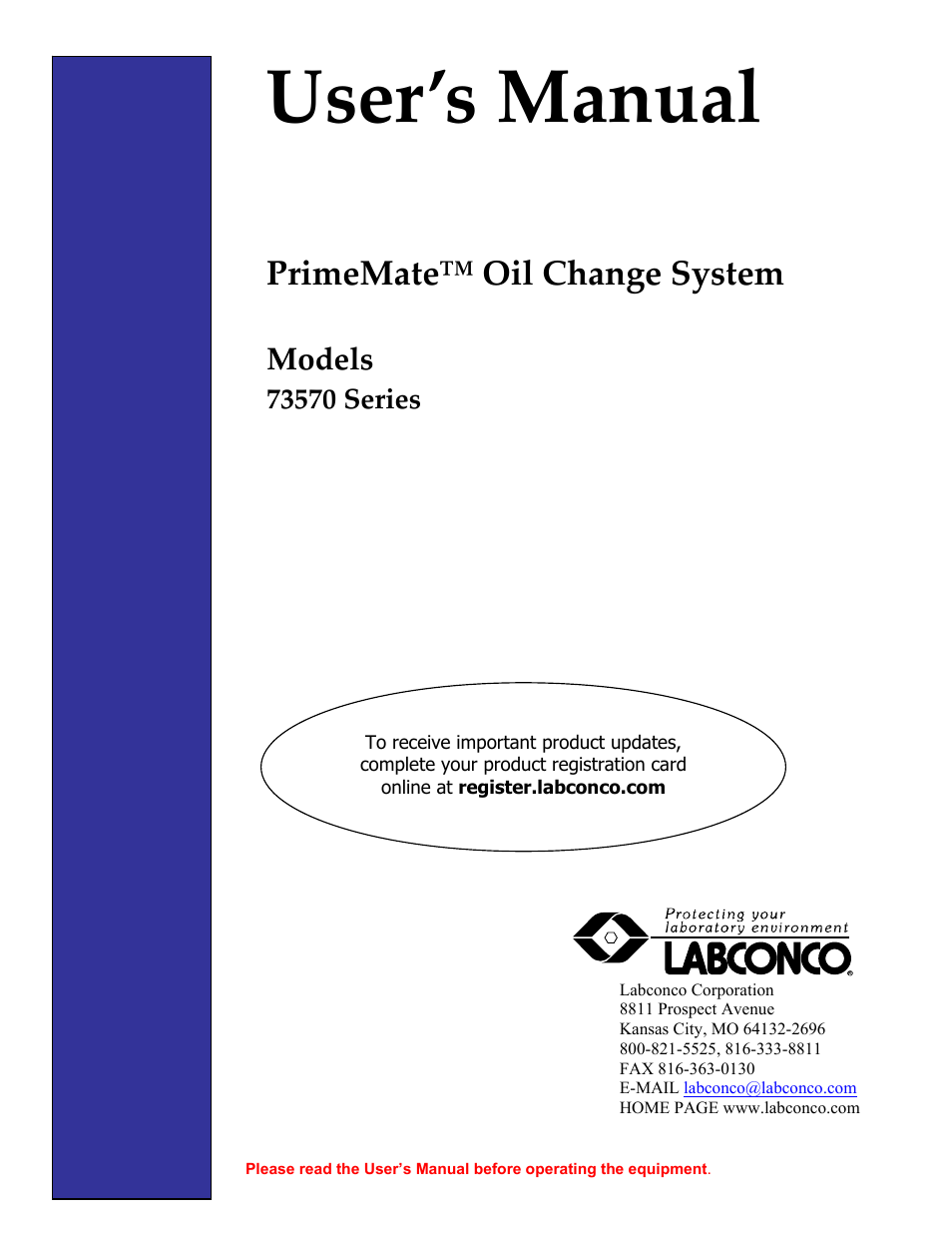 Labconco PrimeMate Oil Change System 73570 Series User Manual | 30 pages