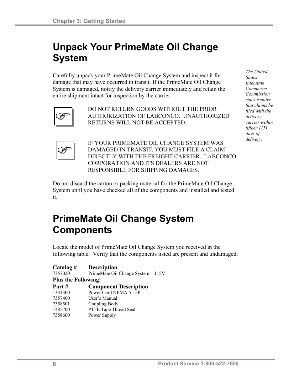 Unpack your primemate oil change system, Primemate oil change system components | Labconco PrimeMate Oil Change System 73570 Series User Manual | Page 10 / 30