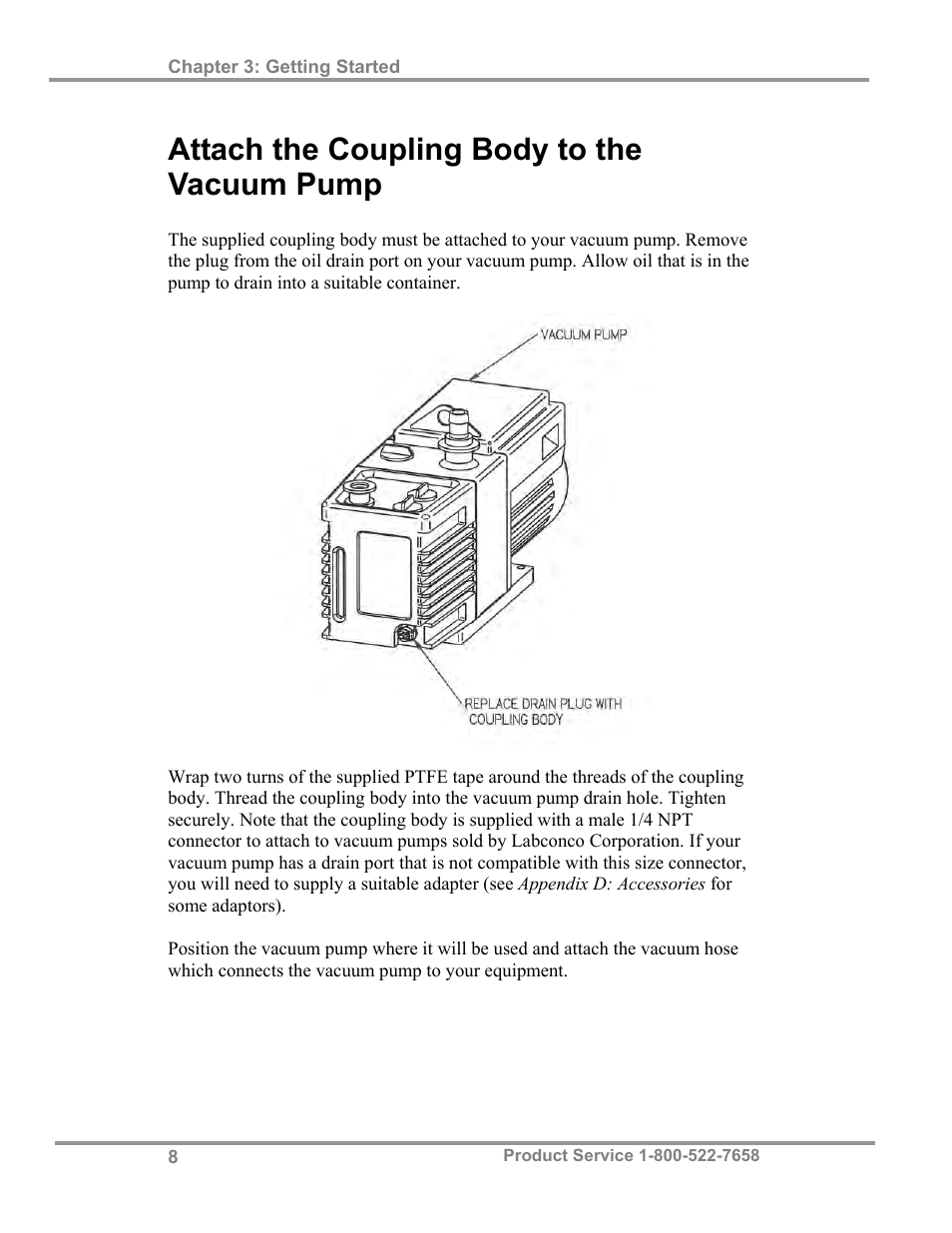Attach the coupling body to the vacuum pump | Labconco PrimeMate Oil Change System 73570 Series User Manual | Page 12 / 30