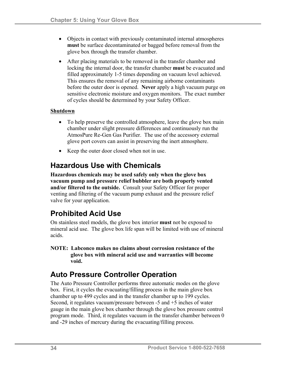 Hazardous use with chemicals, Prohibited acid use, Auto pressure controller operation | Labconco Protector Controlled Atmosphere Glove Box User Manual | Page 38 / 80