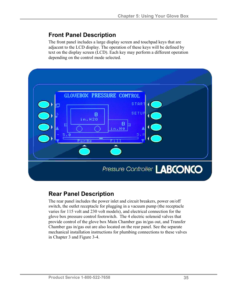 Front panel description, Rear panel description | Labconco Protector Controlled Atmosphere Glove Box User Manual | Page 39 / 80