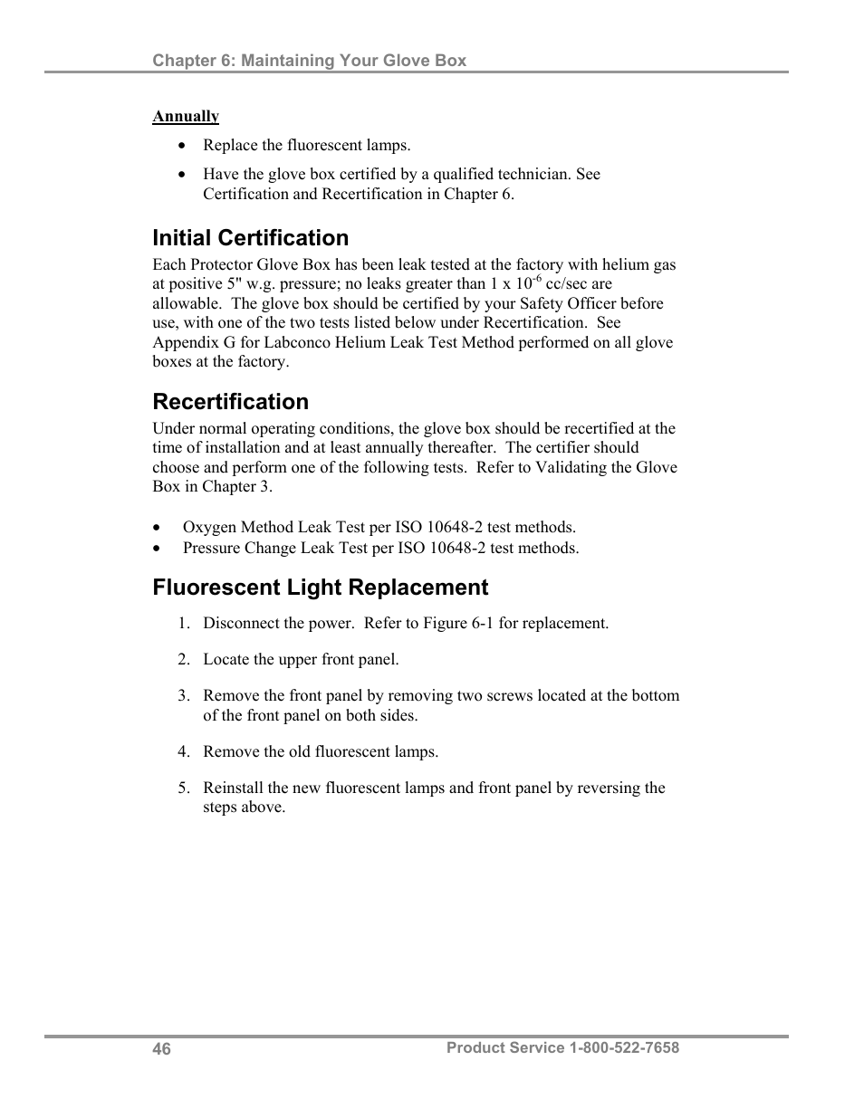 Initial certification, Recertification, Fluorescent light replacement | Labconco Protector Controlled Atmosphere Glove Box User Manual | Page 50 / 80