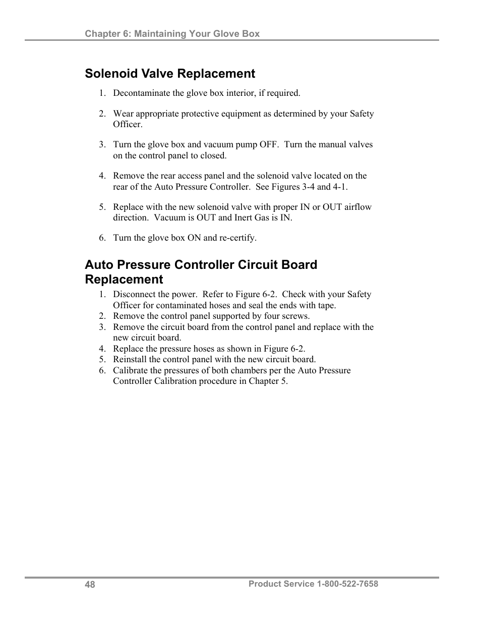 Solenoid valve replacement, Auto pressure controller circuit board replacement | Labconco Protector Controlled Atmosphere Glove Box User Manual | Page 52 / 80
