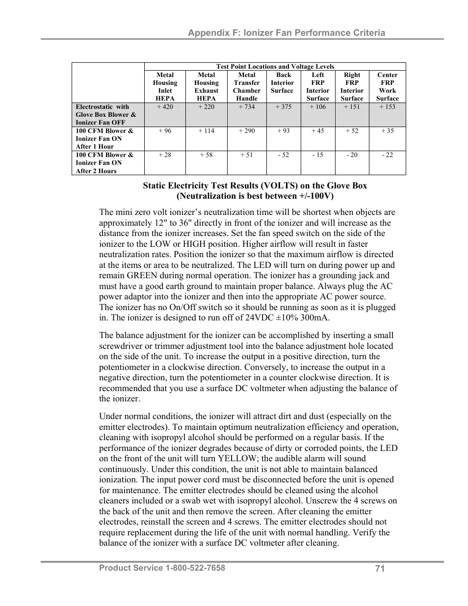 Appendix f: ionizer fan performance criteria | Labconco Protector Controlled Atmosphere Glove Box User Manual | Page 75 / 80