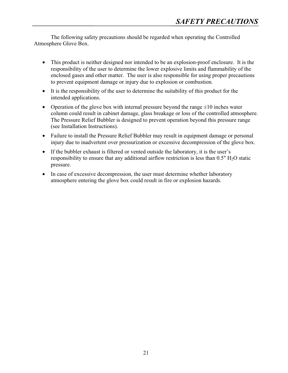 Safety precautions | Labconco Protector Controlled Atmosphere Glove Boxes 5080102 User Manual | Page 20 / 53