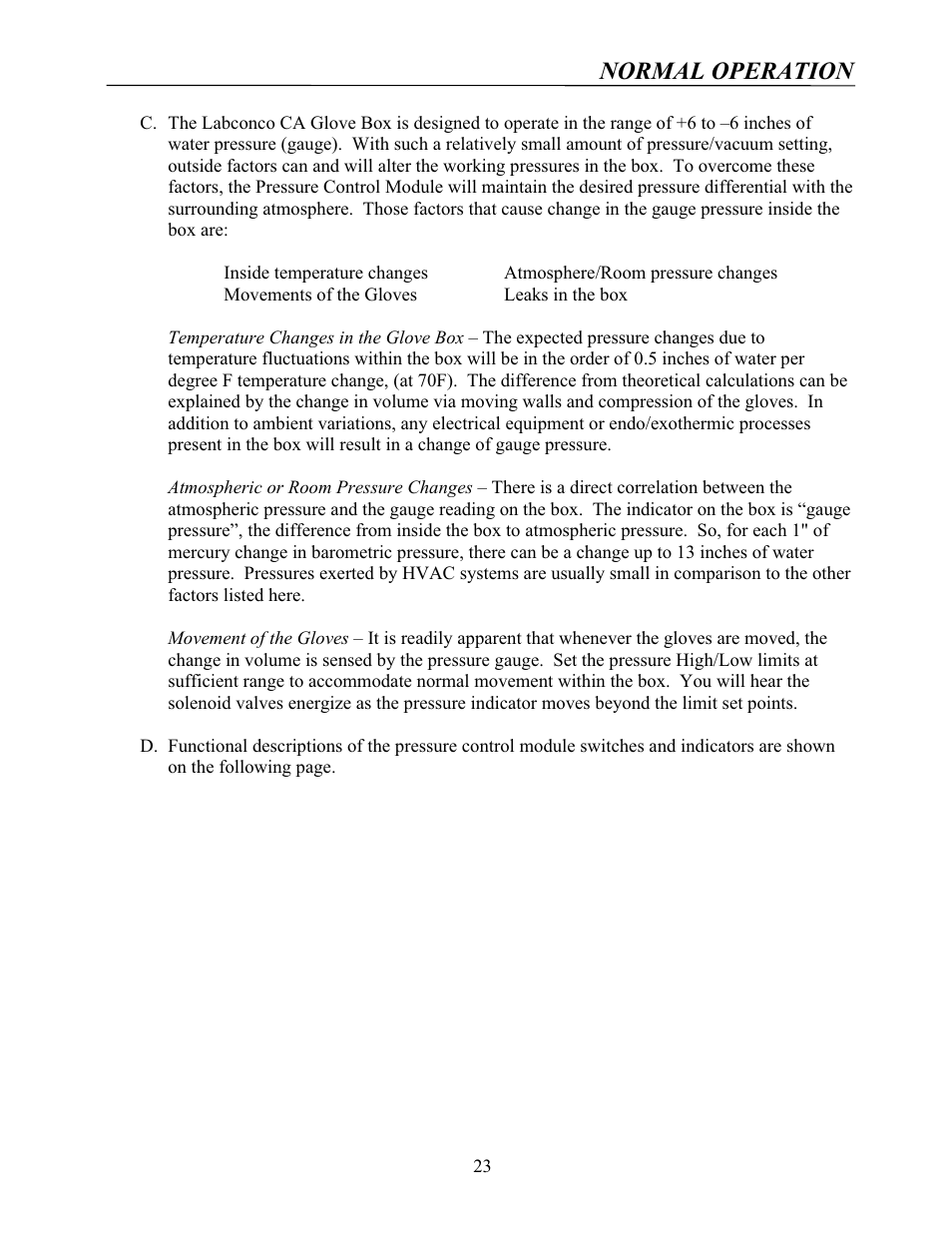 Normal operation | Labconco Protector Controlled Atmosphere Glove Boxes 5080102 User Manual | Page 22 / 53