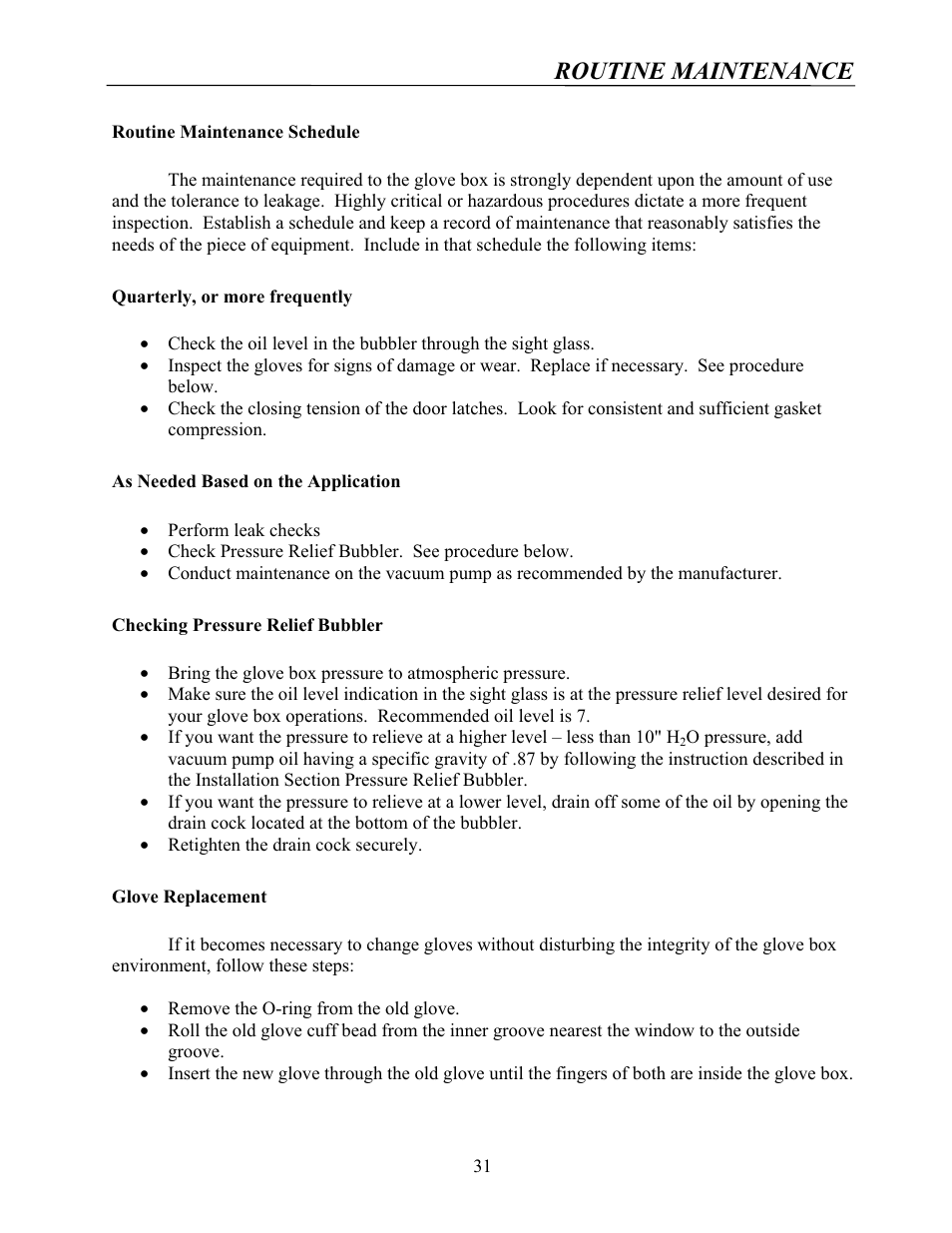 Routine maintenance | Labconco Protector Controlled Atmosphere Glove Boxes 5080102 User Manual | Page 30 / 53