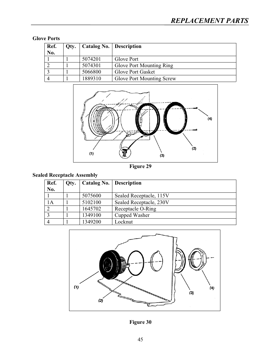 Replacement parts | Labconco Protector Controlled Atmosphere Glove Boxes 5080102 User Manual | Page 44 / 53