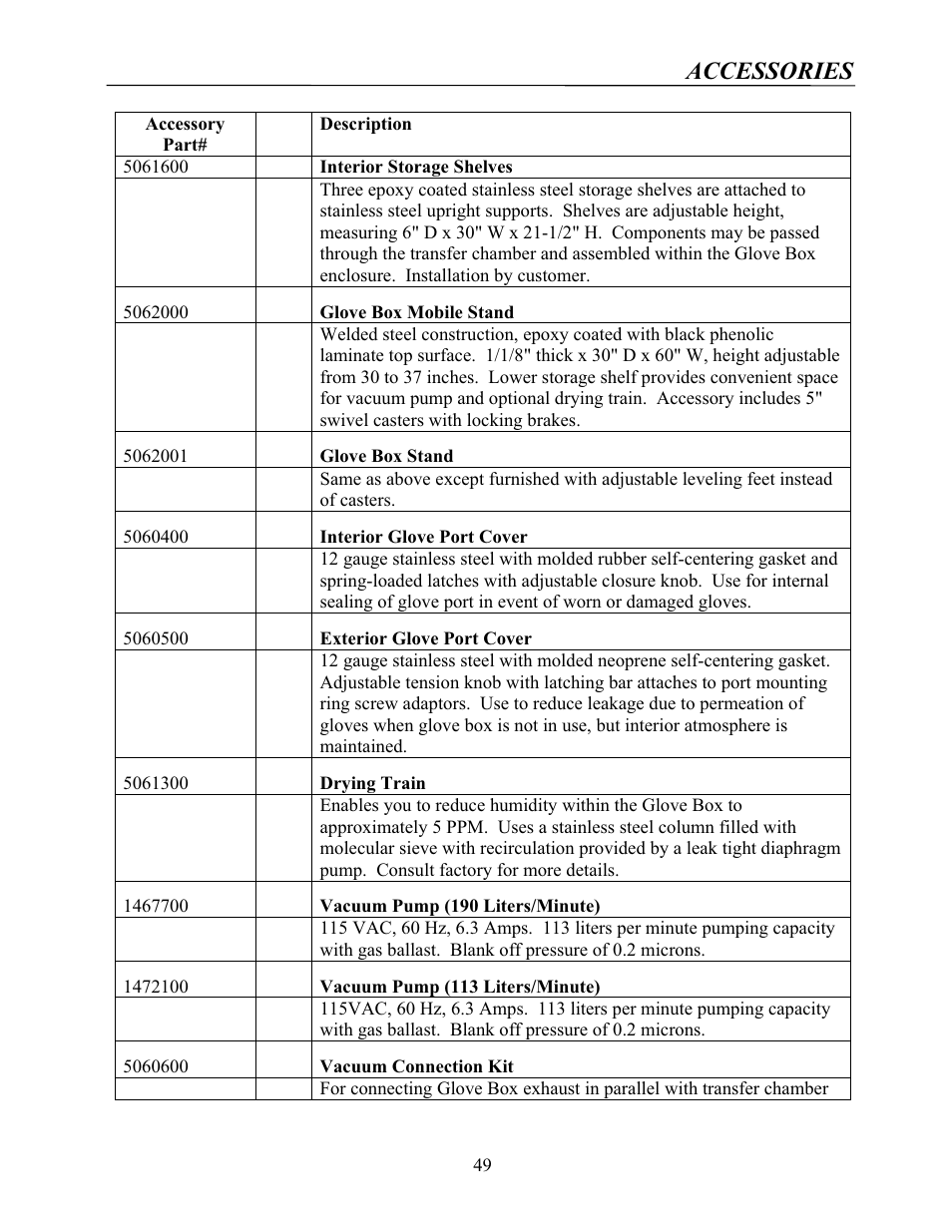 Accessories | Labconco Protector Controlled Atmosphere Glove Boxes 5080102 User Manual | Page 48 / 53