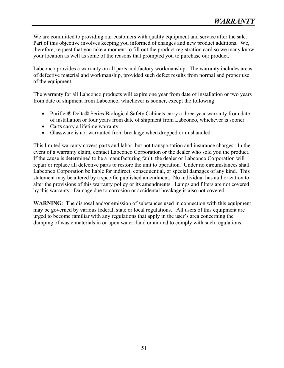 Warranty | Labconco Protector Controlled Atmosphere Glove Boxes 5080102 User Manual | Page 50 / 53