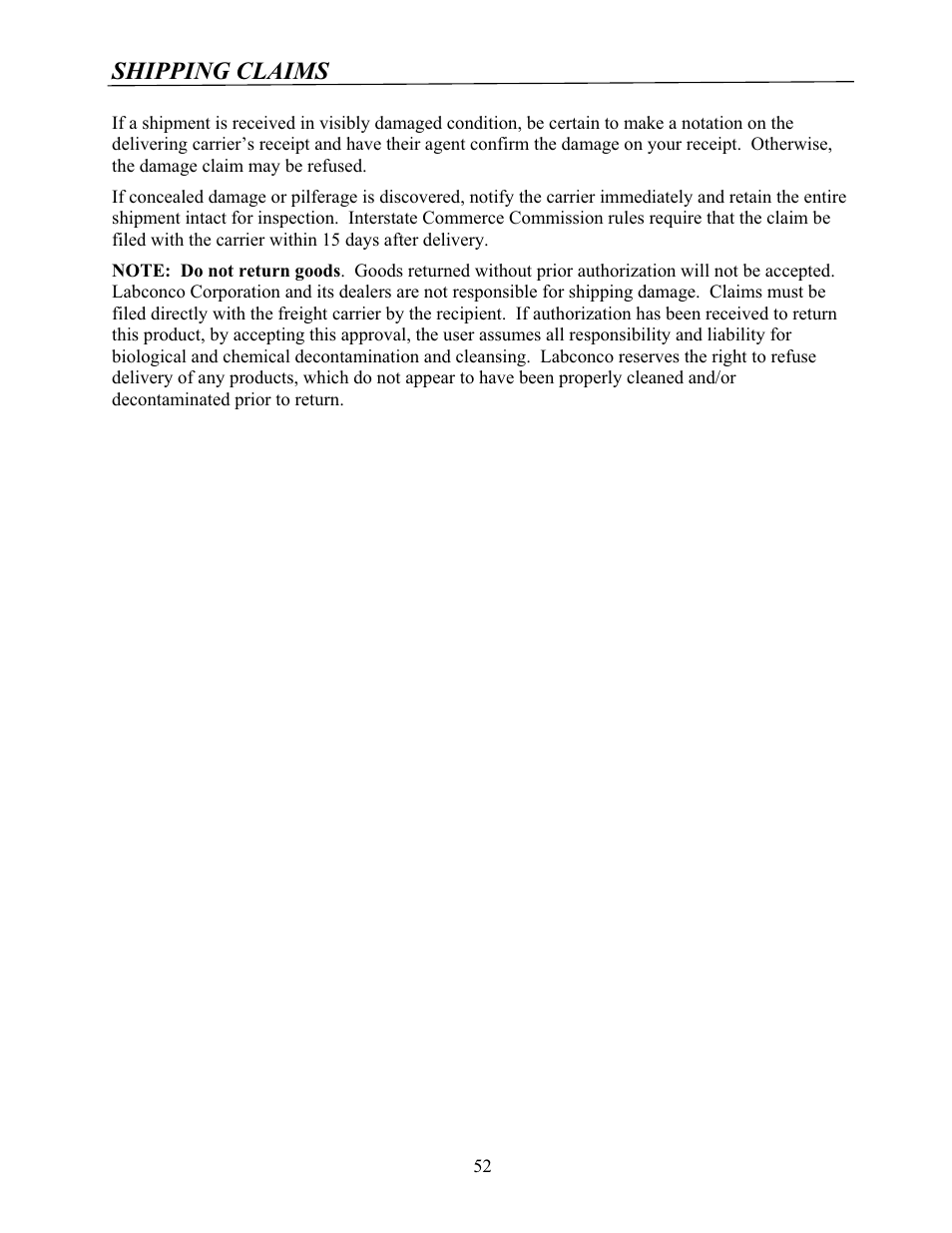 Shipping claims | Labconco Protector Controlled Atmosphere Glove Boxes 5080102 User Manual | Page 51 / 53
