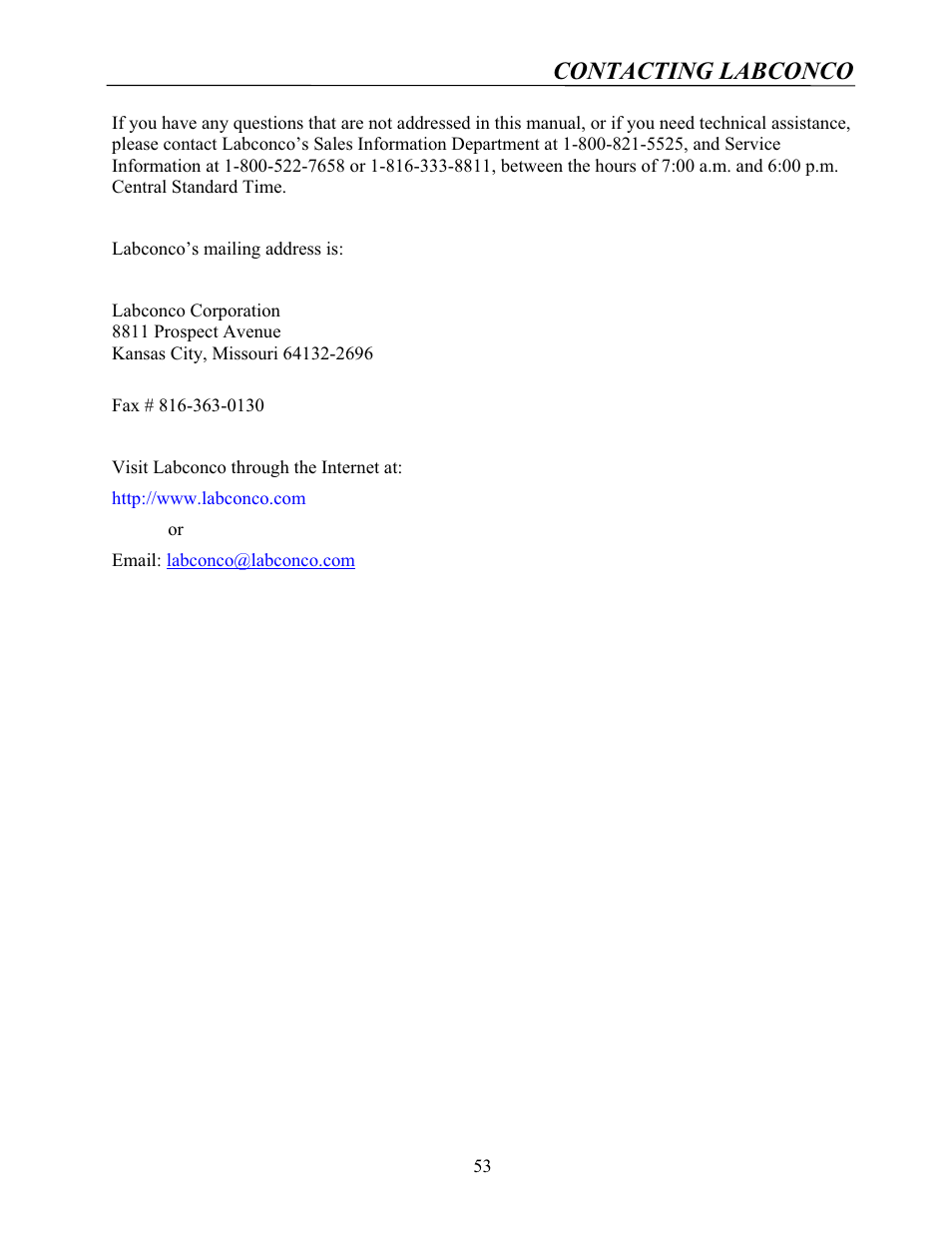 Contacting labconco | Labconco Protector Controlled Atmosphere Glove Boxes 5080102 User Manual | Page 52 / 53