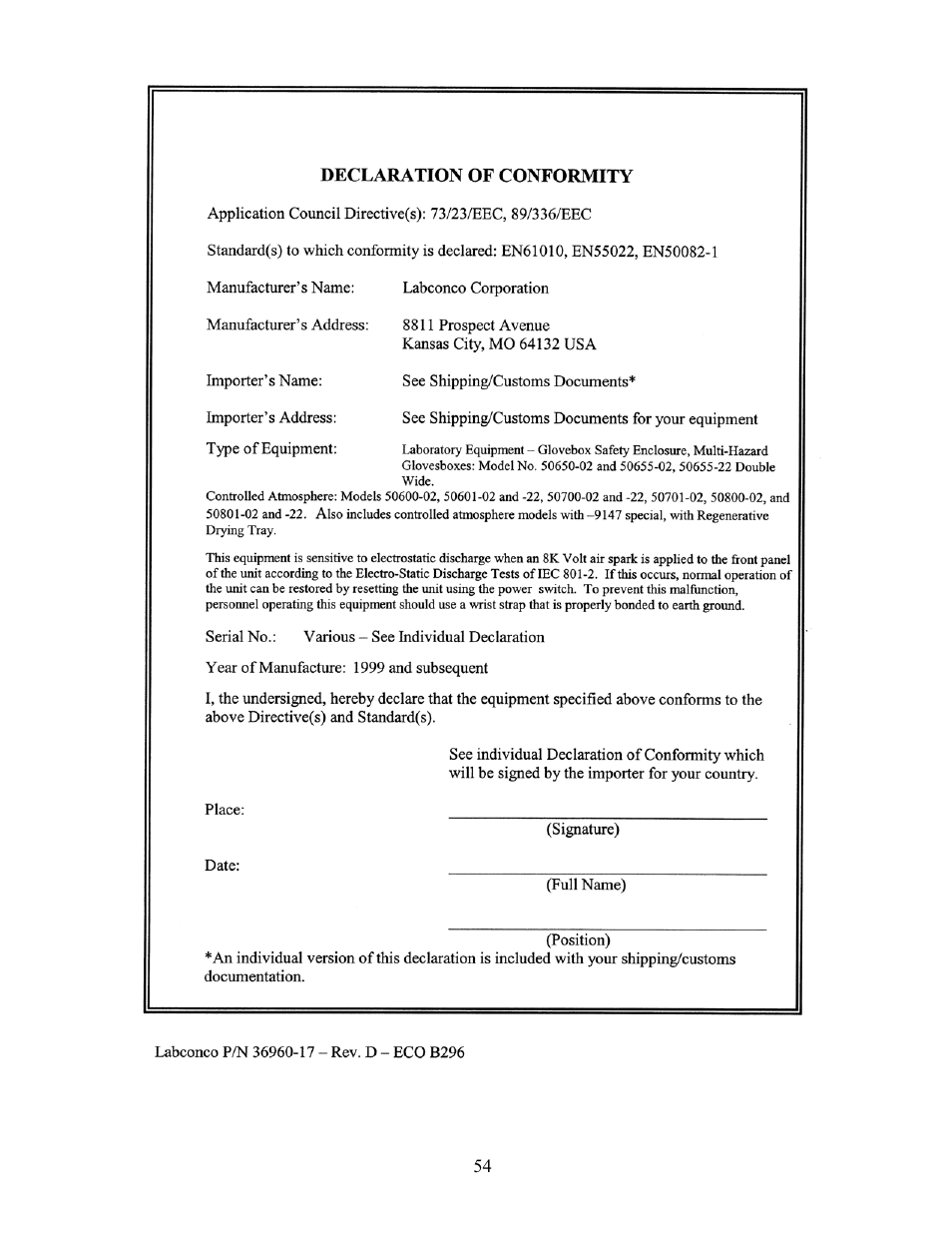 Labconco Protector Controlled Atmosphere Glove Boxes 5080102 User Manual | Page 53 / 53