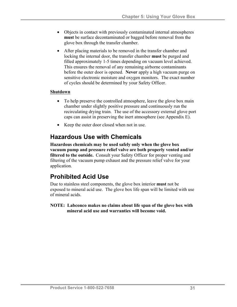 Hazardous use with chemicals, Prohibited acid use | Labconco Precise Controlled Atmosphere and Basic Glove Boxes 5220131 User Manual | Page 35 / 63