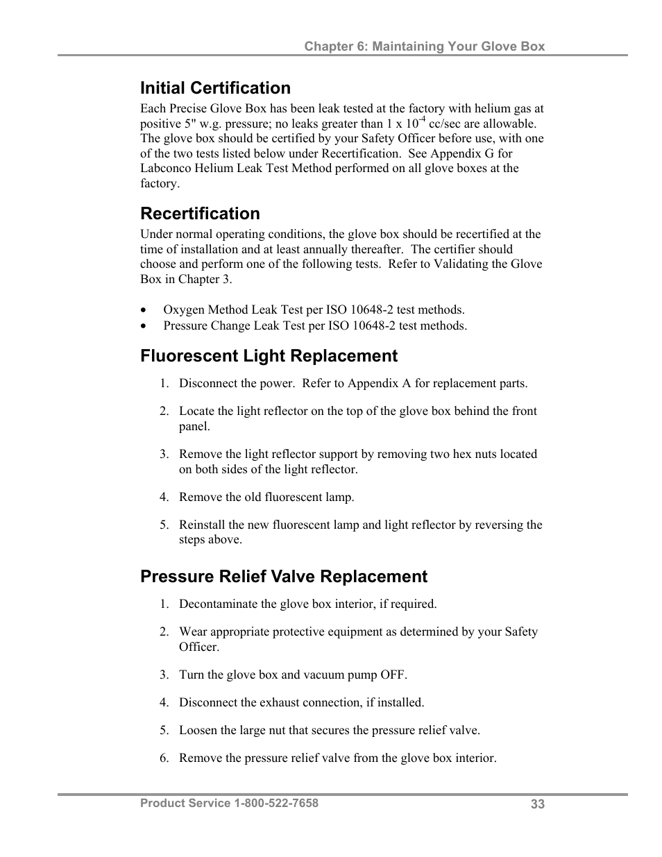 Initial certification, Recertification, Fluorescent light replacement | Pressure relief valve replacement | Labconco Precise Controlled Atmosphere and Basic Glove Boxes 5220131 User Manual | Page 37 / 63