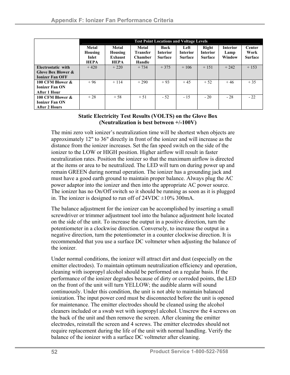 Appendix f: ionizer fan performance criteria | Labconco Precise Controlled Atmosphere and Basic Glove Boxes 5220131 User Manual | Page 56 / 63