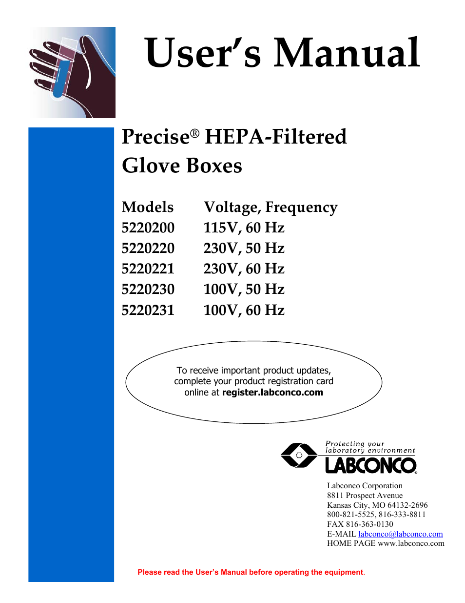 Labconco Precise HEPA-Filtered Glove Boxes 5220231 User Manual | 54 pages