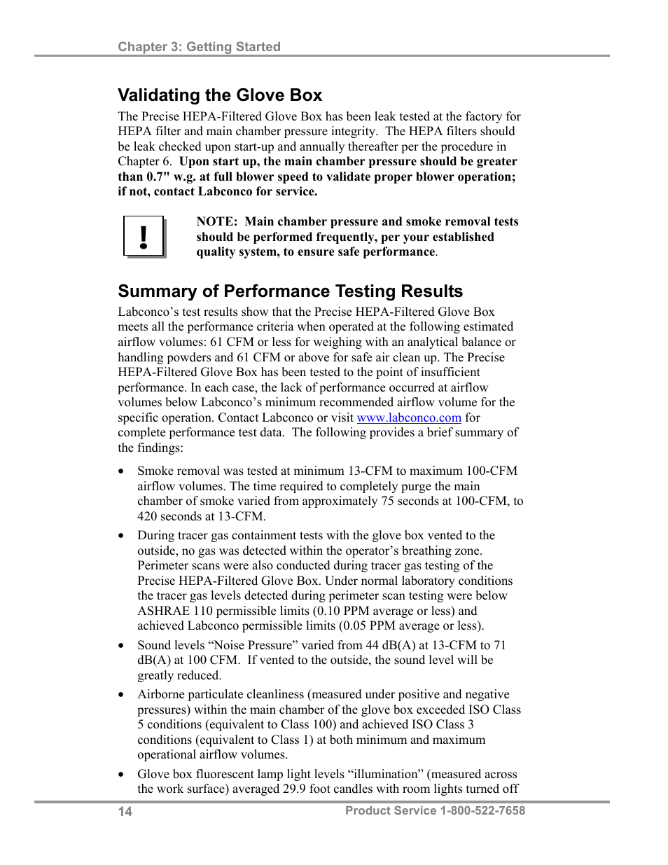 Validating the glove box, Summary of performance testing results | Labconco Precise HEPA-Filtered Glove Boxes 5220231 User Manual | Page 18 / 54