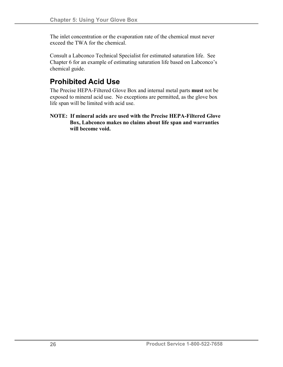 Prohibited acid use | Labconco Precise HEPA-Filtered Glove Boxes 5220231 User Manual | Page 30 / 54