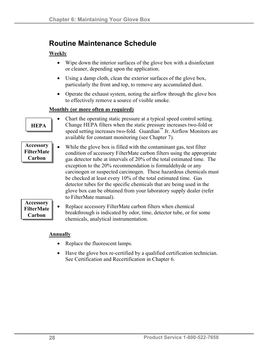 Routine maintenance schedule | Labconco Precise HEPA-Filtered Glove Boxes 5220231 User Manual | Page 32 / 54