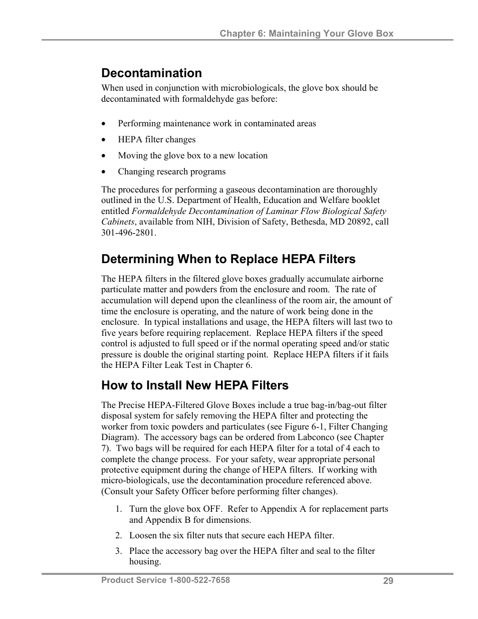 Decontamination, Determining when to replace hepa filters, How to install new hepa filters | Labconco Precise HEPA-Filtered Glove Boxes 5220231 User Manual | Page 33 / 54
