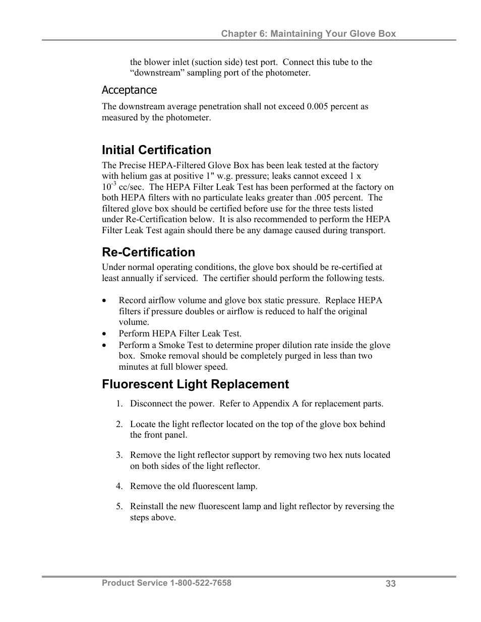 Initial certification, Re-certification, Fluorescent light replacement | Labconco Precise HEPA-Filtered Glove Boxes 5220231 User Manual | Page 37 / 54