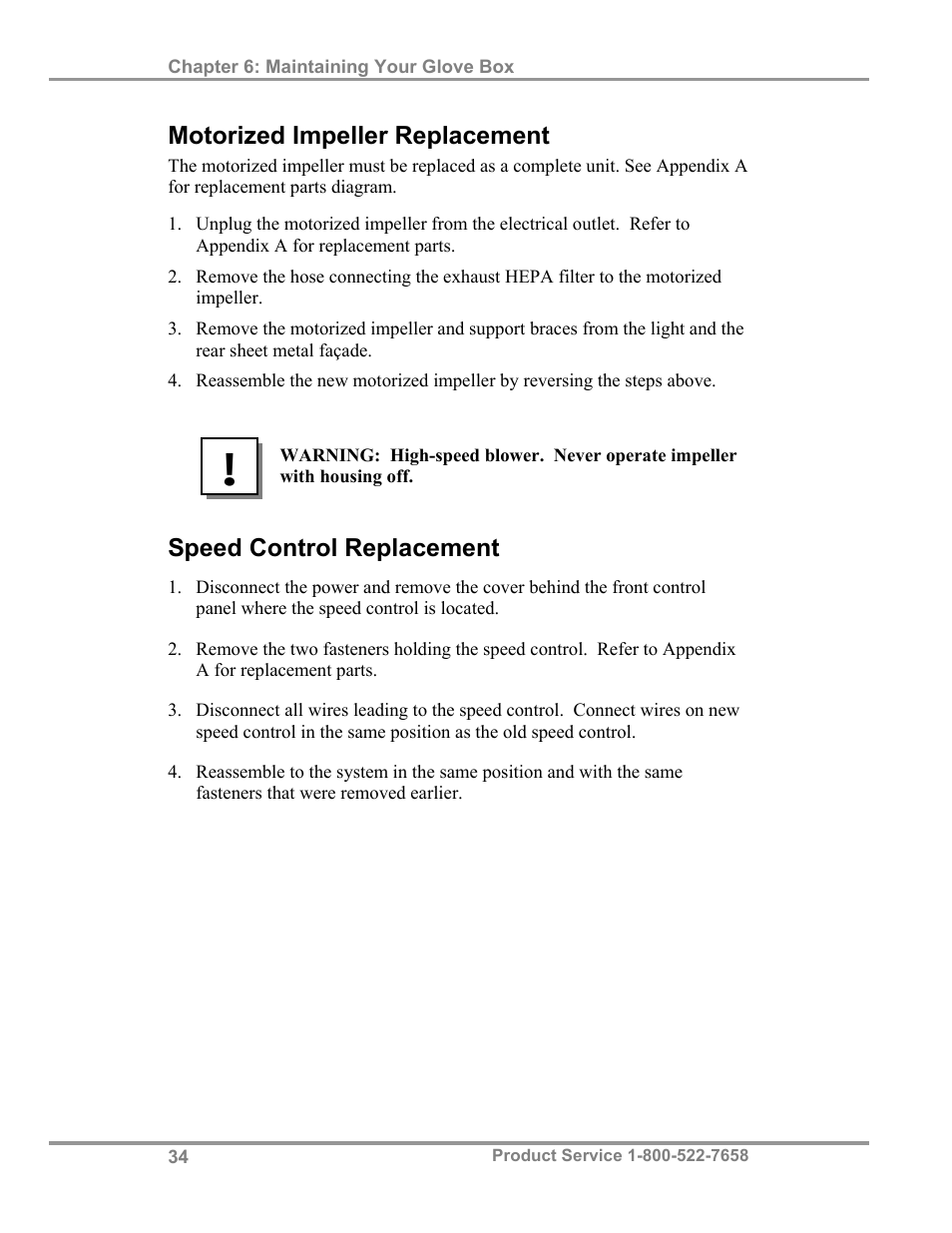 Motorized impeller replacement, Speed control replacement | Labconco Precise HEPA-Filtered Glove Boxes 5220231 User Manual | Page 38 / 54