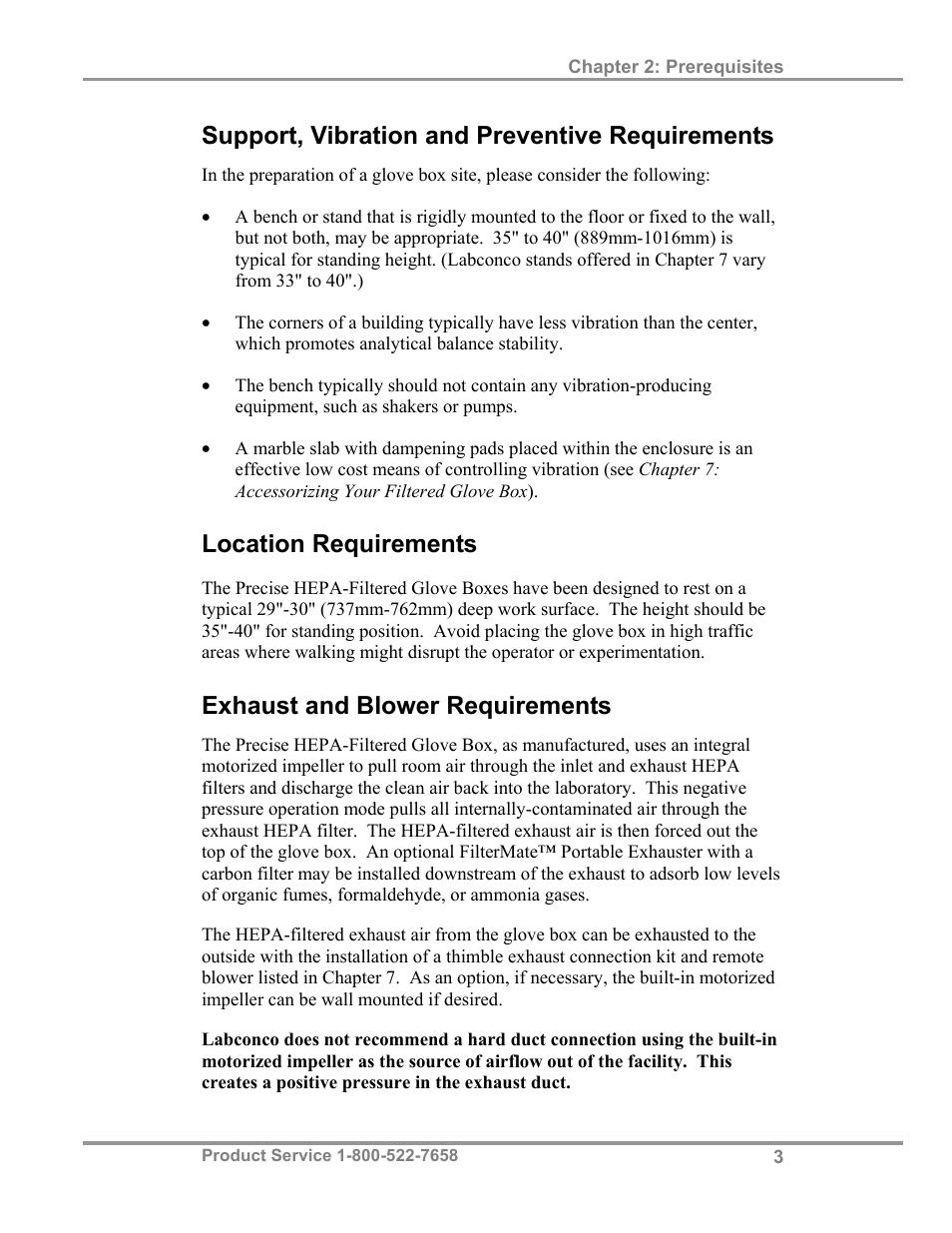 Support, vibration and preventive requirements, Location requirements, Exhaust and blower requirements | Labconco Precise HEPA-Filtered Glove Boxes 5220231 User Manual | Page 7 / 54