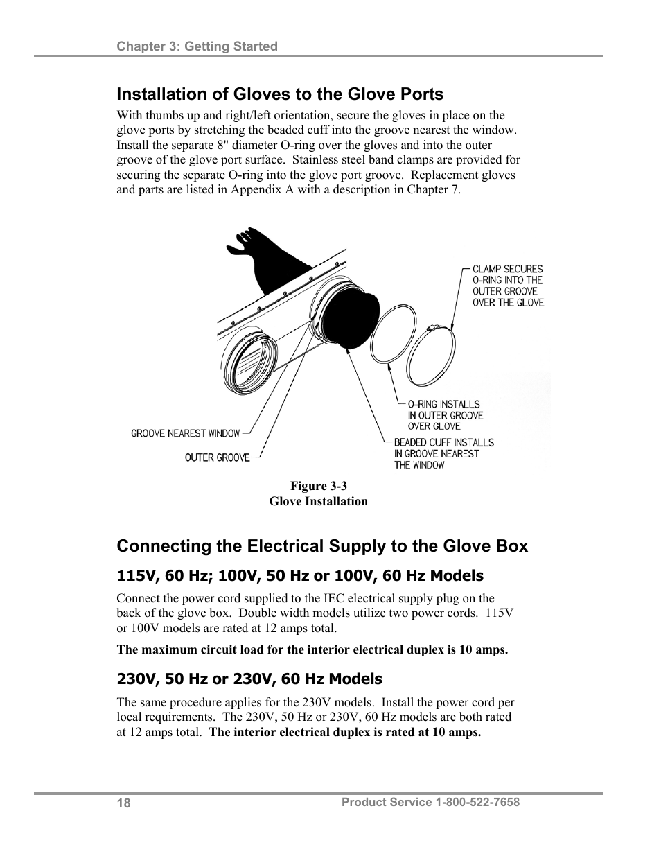 Installation of gloves to the glove ports, Connecting the electrical supply to the glove box | Labconco Protector Filtered Glove Box User Manual | Page 22 / 68