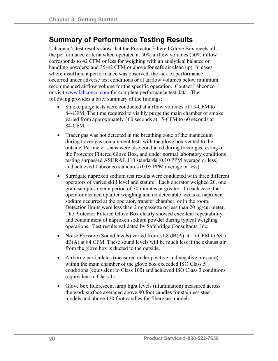 Summary of performance testing results | Labconco Protector Filtered Glove Box User Manual | Page 24 / 68