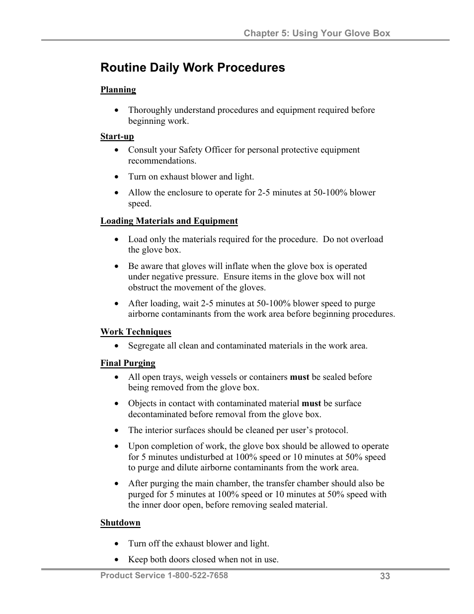 Routine daily work procedures | Labconco Protector Filtered Glove Box User Manual | Page 37 / 68