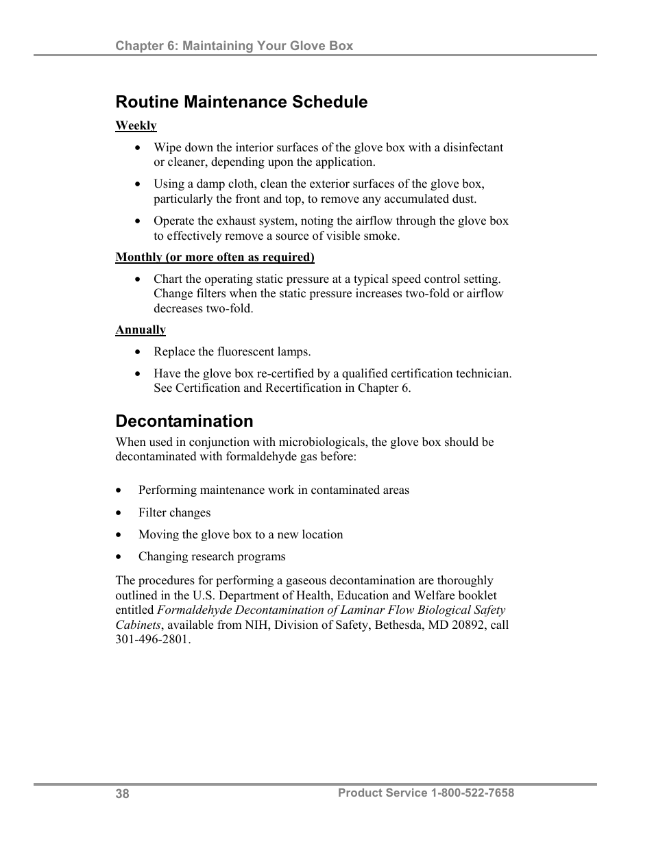 Routine maintenance schedule, Decontamination | Labconco Protector Filtered Glove Box User Manual | Page 42 / 68