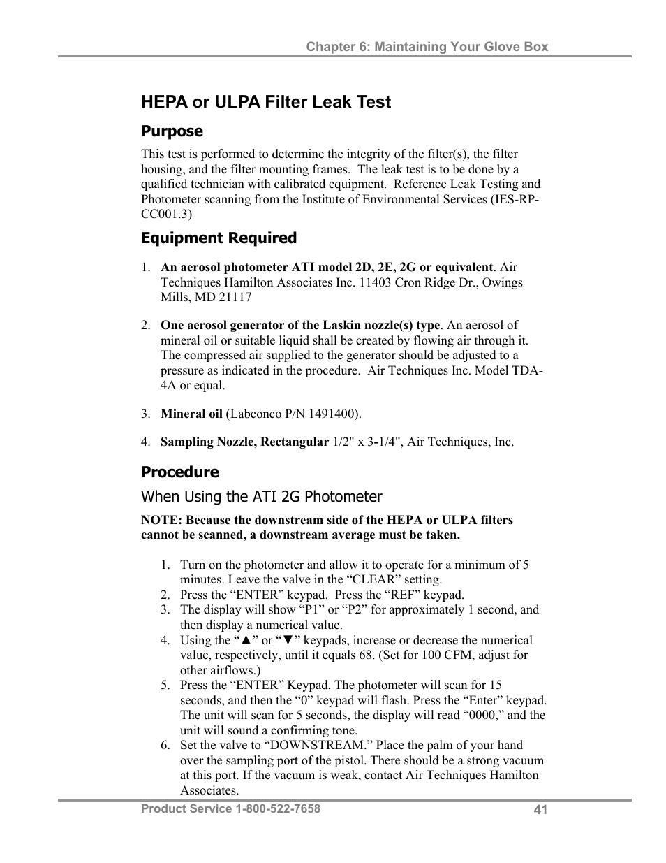 Hepa or ulpa filter leak test | Labconco Protector Filtered Glove Box User Manual | Page 45 / 68